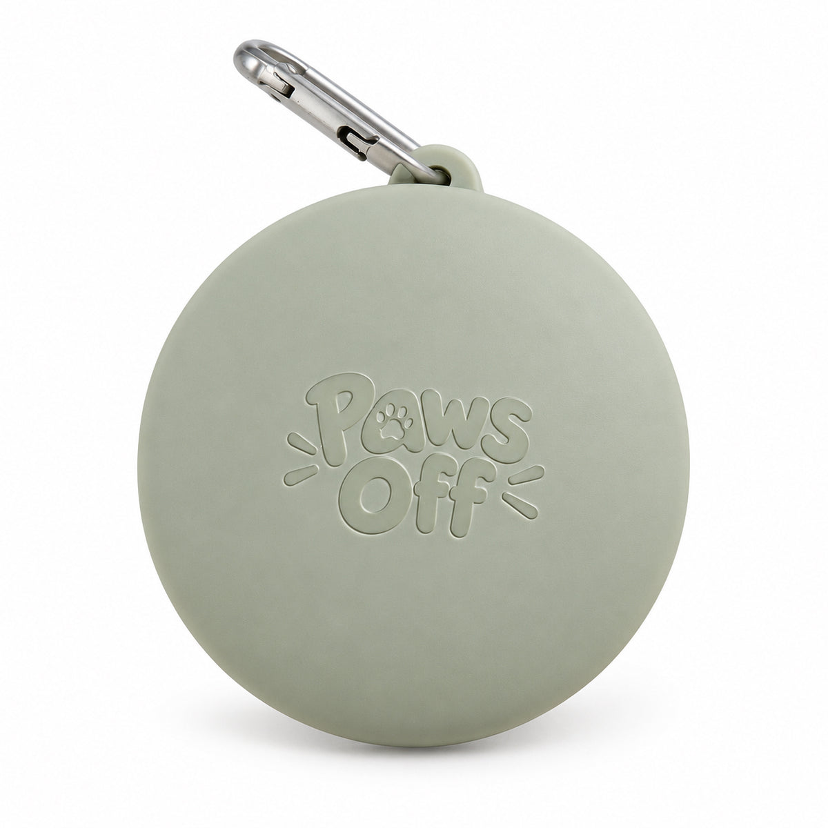 Sage-green PawOff dog treat pouch with a metal clip on a white background
