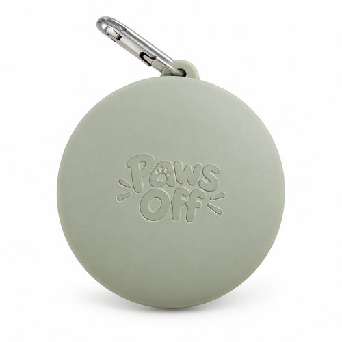 Sage-green PawOff dog treat pouch with a metal clip on a white background